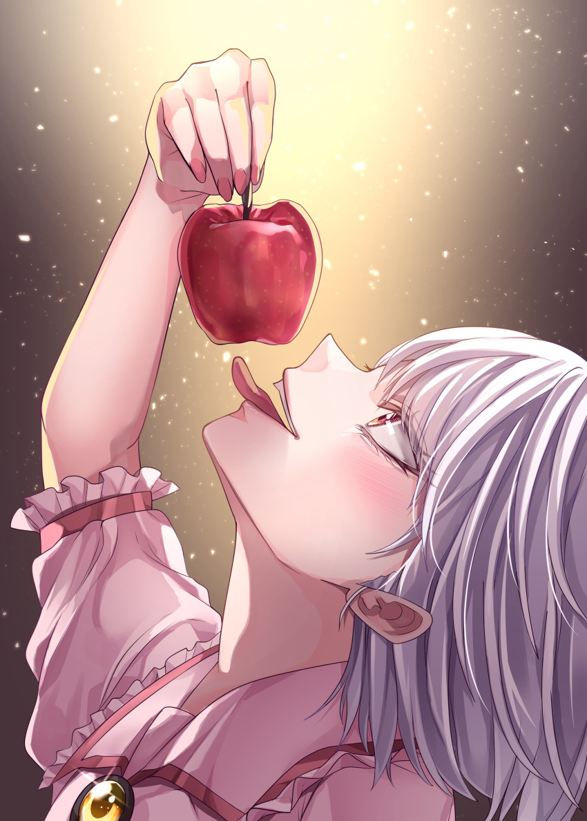 1girl absurdres apple bat_wings blue_hair dress ears eyelashes food frilled_shirt_collar frills fruit highres maboroshi_mochi no_hat no_headwear pink_dress puffy_short_sleeves puffy_sleeves red_apple red_eyes remilia_scarlet short_hair short_sleeves solo teeth tongue tongue_out touhou wings