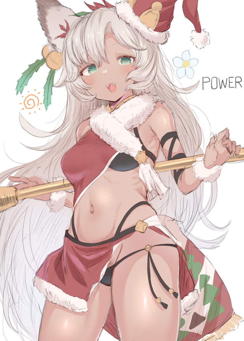 1girl :d animal_ears arms_behind_back bangs bare_shoulders bell bikini black_bikini breasts commentary_request dark-skinned_female dark_skin english_text erune eyebrows_visible_through_hair fangs fur-trimmed_headwear fur-trimmed_skirt fur_trim granblue_fantasy green_eyes grey_hair groin hair_bell hair_between_eyes hair_ornament hat highres holding jingle_bell long_hair looking_at_viewer makabe_gorou mini_hat mini_santa_hat navel nemone pubic_hair red_headwear red_skirt santa_costume santa_hat simple_background skirt small_breasts smile solo swimsuit tilted_headwear very_long_hair white_background