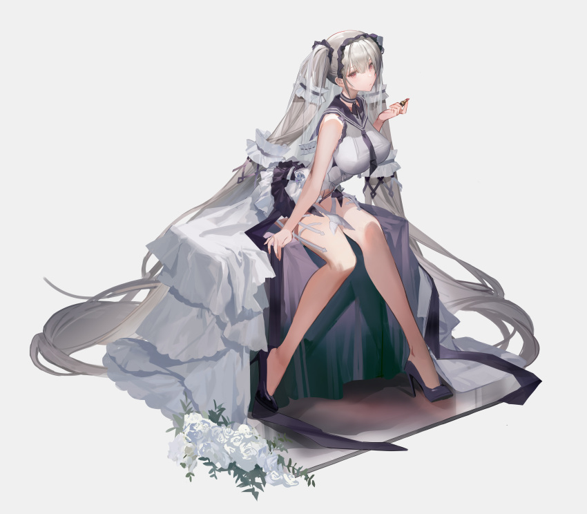 1girl absurdly_long_hair absurdres azur_lane black_footwear black_neckerchief breasts choker commentary cosmetics covered_nipples dress evening_gown flower formidable_(azur_lane) formidable_(timeless_classics)_(azur_lane) full_body grey_background grey_hair high_heels highres large_breasts lipstick_tube long_hair looking_at_viewer neckerchief official_alternate_costume red_eyes rose sailor_collar simple_background sitting sleeveless sleeveless_dress solo twintails very_long_hair white_flower white_rose you_zhaqi