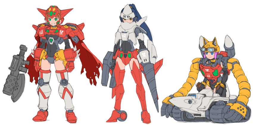 30_minutes_sisters 3girls animal_ear_headwear axe backpack bag bangs blue_eyes blue_hair boots brown_eyes brown_hair cape caterpillar_tracks covered_navel doll_joints drill frown getter-1 getter-2 getter-3 getter_robo getter_robo_(1st_series) gloves goggles goggles_on_headwear green_eyes helmet highres holding joints mecha_musume metal_boots multiple_girls open_hands parody personification pink_hair ponytail red_cape red_footwear red_gloves smile spikes standing style_parody tanimeso thigh_boots thighhighs v-shaped_eyebrows wheel white_background