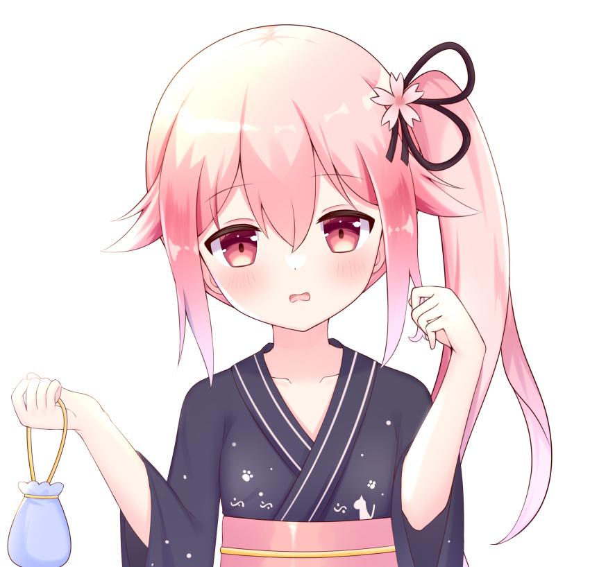 1girl bangs black_kimono blush collarbone commentary_request eyebrows_visible_through_hair flower hair_between_eyes hair_flaps hair_flower hair_ornament hands_up harusame_(kancolle) highres holding japanese_clothes kantai_collection kimono kinchaku liang_feng_qui_ye long_sleeves obi parted_lips pink_flower pink_hair pouch red_eyes sash side_ponytail simple_background solo upper_body wavy_mouth white_background wide_sleeves