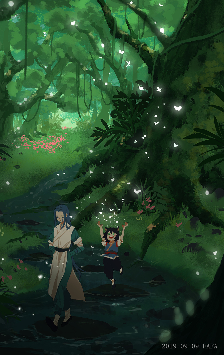 2boys animal_ears arms_behind_back arms_up cat_ears dated flower green_theme highres kimonogo leaf luoxiaohei multiple_boys nature outdoors pink_flower plant roots short_sleeves spirits the_legend_of_luo_xiaohei tree vines wide_shot wuxian_(the_legend_of_luoxiaohei)