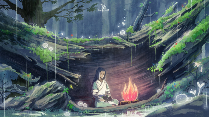 2boys animal_on_lap black_cat black_hair branch campfire cat cat_on_lap dated fallen_tree flower highres leaf long_hair luoxiaohei male_focus moss multiple_boys nature on_ground outdoors puddle qingjian900 rain red_flower rock sitting smile the_legend_of_luo_xiaohei tree water wuxian_(the_legend_of_luoxiaohei)