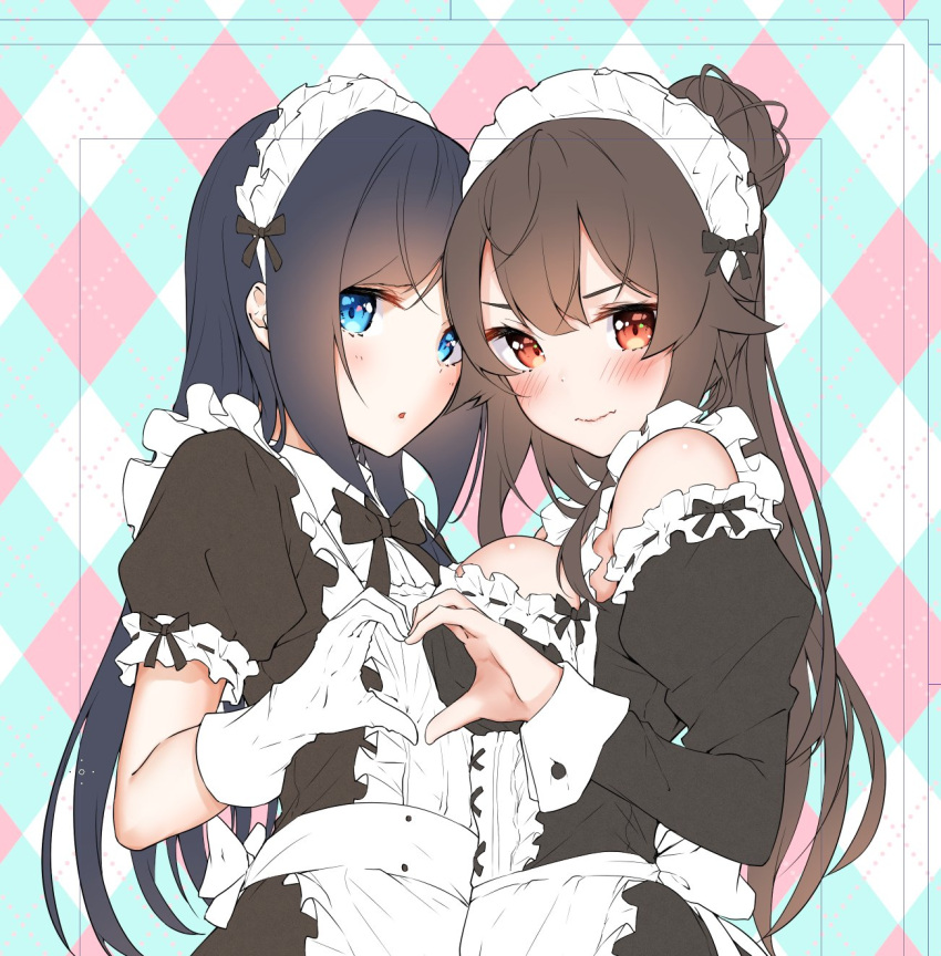 2girls :s alternate_costume apron argyle argyle_background bangs black_bow black_dress black_hair blue_eyes blush bow breasts brown_eyes brown_hair collared_shirt commentary_request dress embarrassed enmaided frills fuyushima_enishi gloves harumachi_hashira heart heart_hands heart_hands_duo highres large_breasts long_hair looking_at_viewer maid maid_apron maid_headdress multiple_girls open_mouth ponytail puffy_sleeves sahara386 sex_and_dungeon shirt sidelocks sleeve_cuffs small_breasts wa_maid waist_apron white_gloves