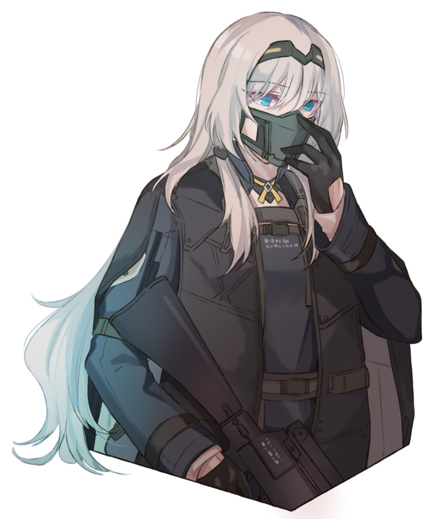 1girl an-94 an-94_(girls'_frontline) assault_rifle black_gloves blue_eyes commentary defy_(girls'_frontline) english_commentary eyebrows_visible_through_hair girls'_frontline gloves gun hairband hand_on_own_face highres holding holding_gun holding_weapon jacket kalashnikov_rifle long_hair mask platinum_blonde_hair rifle simple_background solo upper_body weapon white_background yuutama2804