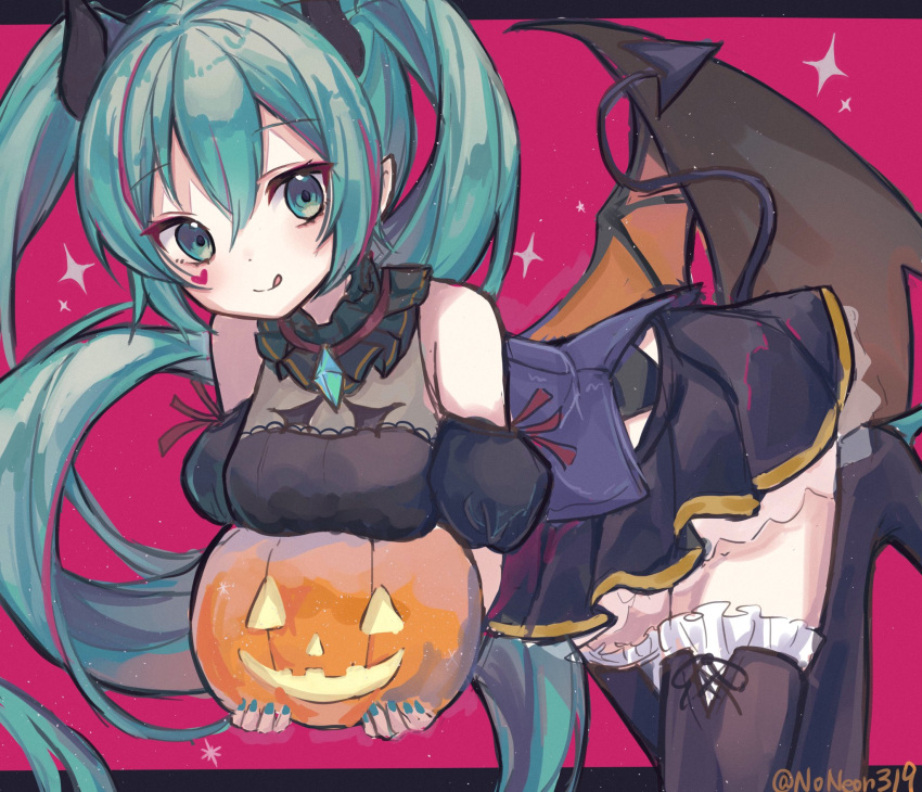 1girl :d aqua_eyes aqua_hair aqua_nails bent_over black_dress black_legwear black_skirt commentary demon_tail demon_wings detached_sleeves dress facial_tattoo frilled_legwear halloween halloween_costume hatsune_miku heart heart_tattoo highres holding_jack-o'-lantern horns jack-o'-lantern legs_up long_hair looking_at_viewer magenta_background miniskirt nail_polish noneon319 pleated_skirt puffy_detached_sleeves puffy_short_sleeves puffy_sleeves short_sleeves sketch skirt sleeveless sleeveless_dress smile solo sparkle tail tattoo thighhighs tongue tongue_out twintails very_long_hair vocaloid wings zettai_ryouiki