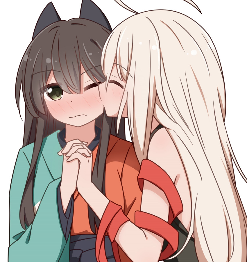 2girls ahoge blush bow brown_hair chiya_(urara_meirochou) facing_viewer hair_between_eyes hair_bow highres holding_hands interlocked_fingers japanese_clothes kimono kiss kissing_cheek long_hair miruzawa_akechi multiple_girls one_eye_closed profile ribbon tatsumi_kon upper_body urara_meirochou white_background white_hair yuri