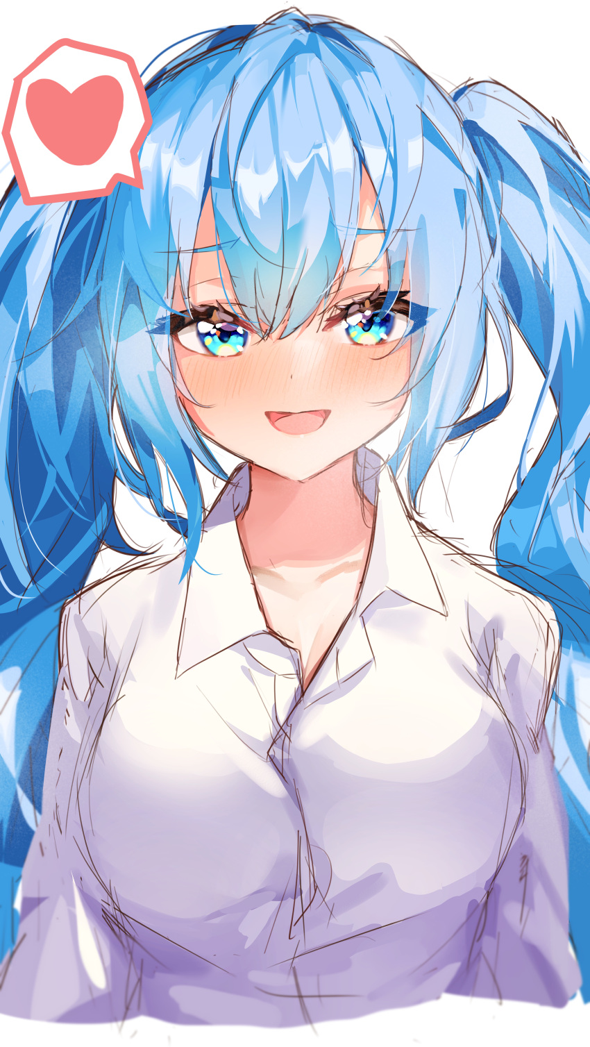 1girl absurdres blue_eyes blue_hair blush breasts commentary drunk hatsune_miku heart highres long_hair looking_at_viewer medium_breasts mikaduki_3636 shirt sketch solo spoken_heart twintails upper_body very_long_hair vocaloid white_background white_shirt