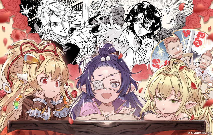 +_+ 3girls absurdres artist_request bare_shoulders beard blonde_hair book brooch brown_eyes brown_hair eyepatch facial_hair flower granblue_fantasy green_eyes grey_eyes hair_bobbles hair_intakes hair_ornament hair_over_one_eye hair_ribbon hair_up hairclip harvin head_rest highres imagining jewelry kotatsu long_hair lopop_(granblue_fantasy) lunalu_(granblue_fantasy) mahira_(granblue_fantasy) melissabelle multiple_girls mustache official_art open_mouth pointy_ears popol_(granblue_fantasy) promotional_art purple_hair reading red_eyes ribbon rose smile sparkle strap_slip sword table tears upper_body weapon wrist_cuffs