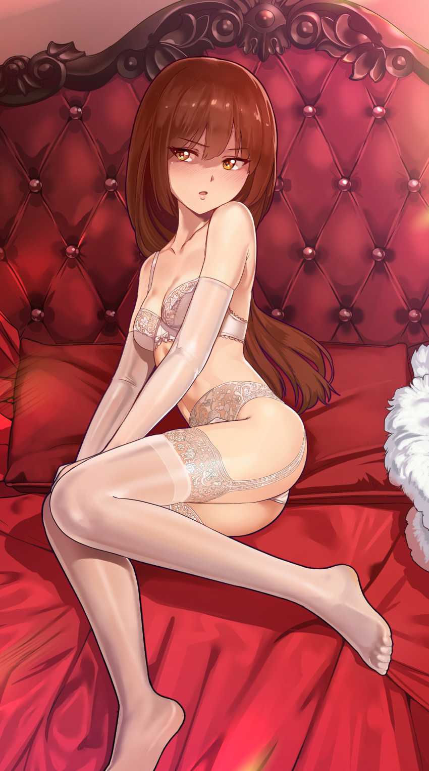 1girl absurdres bangs blush bra brown_eyes brown_hair chinese_commentary commentary_request elbow_gloves eyebrows_visible_through_hair feet garter_belt glaring gloves highres indoors lace lace-trimmed_legwear lace-trimmed_panties lace_trim lingerie long_hair looking_at_viewer no_shoes nose_blush open_mouth original panties revision scowl sitting thighhighs underwear underwear_only white_bra white_gloves white_legwear white_panties yewang19