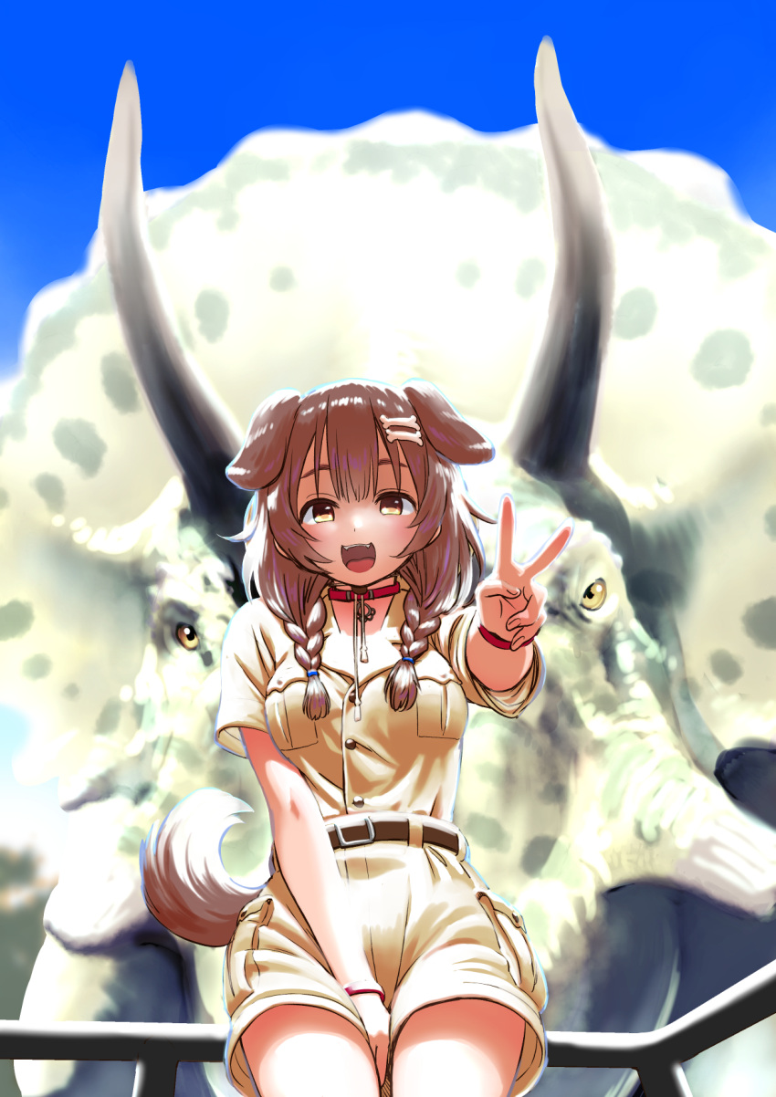 1girl :d animal_ears ark_survival_evolved belt belt_collar blue_sky bone_hair_ornament braid brown_belt collar cowboy_shot day dog_ears dog_tail fangs hair_ornament highres hololive inugami_korone jacket long_hair looking_at_viewer outdoors railing sabaku_chitai shorts sky smile solo standing tail triceratops twin_braids v virtual_youtuber wristband yellow_jacket yellow_shorts