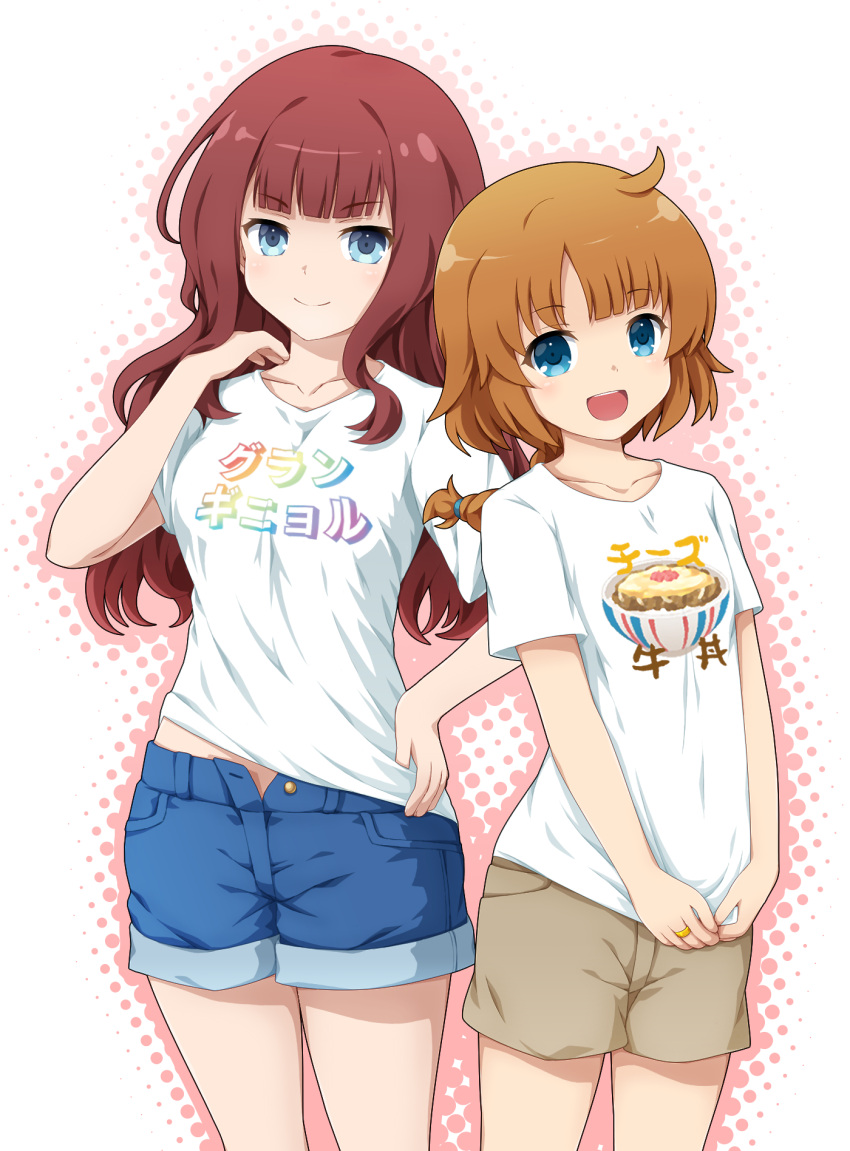 2girls :d ahoge assault_lily bangs blue_eyes blue_shorts blunt_bangs braid braided_ponytail brown_hair brown_shorts closed_mouth clothes_writing collarbone commentary_request cowboy_shot eyebrows_visible_through_hair food_print fukaiton futagawa_fumi halftone halftone_background hand_on_hip hand_up highres jewelry kaede_johan_nouvel long_hair looking_at_viewer midriff_peek multiple_girls open_clothes open_mouth open_shorts orange_hair pink_background pocket print_shirt ring shirt short_sleeves shorts sidelocks single_braid smile standing t-shirt teeth translation_request two-tone_background upper_teeth v_arms wavy_hair white_background white_shirt
