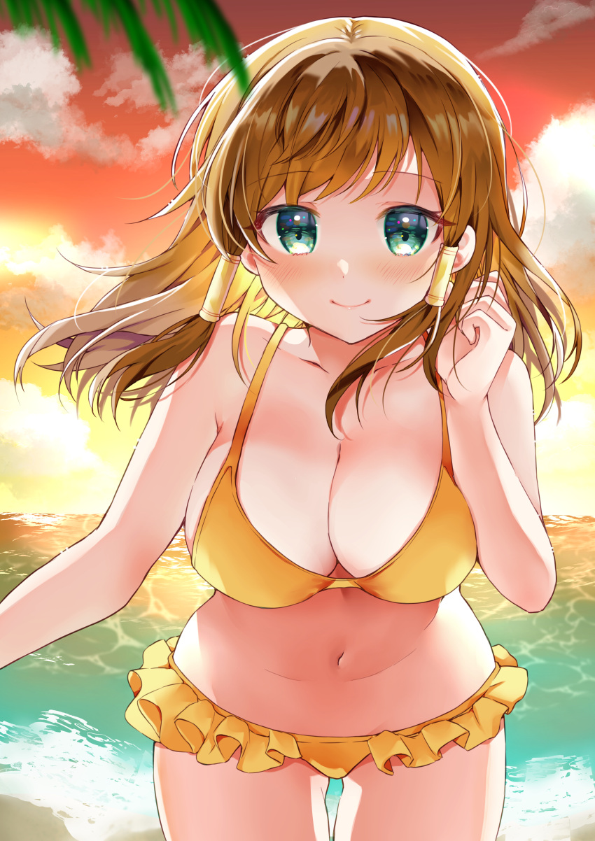 1girl absurdres bangs bare_shoulders bikini blurry breasts brown_hair cleavage closed_mouth collarbone commission depth_of_field evening eyebrows_visible_through_hair frilled_bikini frills green_eyes hair_tubes highres horns large_breasts long_hair looking_at_viewer navel ocean orange_hair original outdoors palm_leaf skeb_commission smile solo standing swimsuit yam_(yamap_mako)