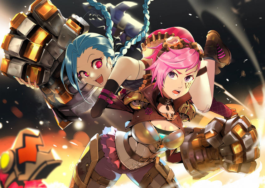 2girls :d aa2233a arm_belt belt black_footwear braid breasts cleavage clenched_hand elbow_gloves facial_tattoo flat_chest gauntlets gloves goggles goggles_on_head highres holding holding_weapon jinx_(league_of_legends) league_of_legends leaning_forward medium_breasts multiple_girls pink_eyes pink_hair purple_eyes short_hair smile tattoo twin_braids twintails vi_(league_of_legends) weapon