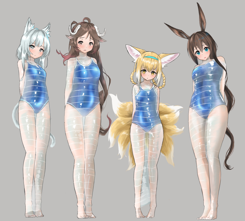 4girls absurdres ahoge amiya_(arknights) animal_ear_fluff animal_ears arknights bangs blonde_hair blue_eyes blue_hairband blue_swimsuit bound braid breasts cat_ears cat_tail commentary_request covered_navel eyebrows_visible_through_hair eyjafjalla_(arknights) fox_ears fox_tail full_body grey_background grey_eyes hair_rings hairband highres horns long_hair looking_at_viewer medium_breasts multiple_girls multiple_tails mummification one-piece_swimsuit parted_lips rabbit_ears rosmontis_(arknights) seirein_(rikuesuto_teishichuu) sheep_ears sheep_horns silver_hair simple_background standing suzuran_(arknights) swimsuit tail very_long_hair yellow_eyes