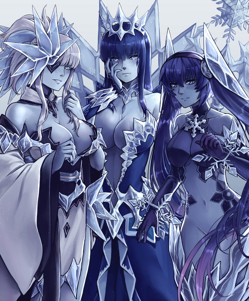 3girls absurdres bangs bare_shoulders blue_eyes blue_hair blue_skin blue_theme blunt_bangs blush breasts center_opening cleavage collarbone colored_skin commentary crown detached_sleeves elbow_gloves eyepatch facial_mark glacies_(monster_girl_encyclopedia) gloves grey_eyes hair_between_eyes hairband hand_on_own_cheek hand_on_own_face highres ice ice_queen_(monster_girl_encyclopedia) large_breasts long_hair looking_at_viewer monster_girl_encyclopedia multiple_girls navel no_pupils parted_lips ponytail sidelocks silver_hair snowflakes trait_connection tsurara_onna_(monster_girl_encyclopedia) twintails very_long_hair wide_sleeves zakirsiz