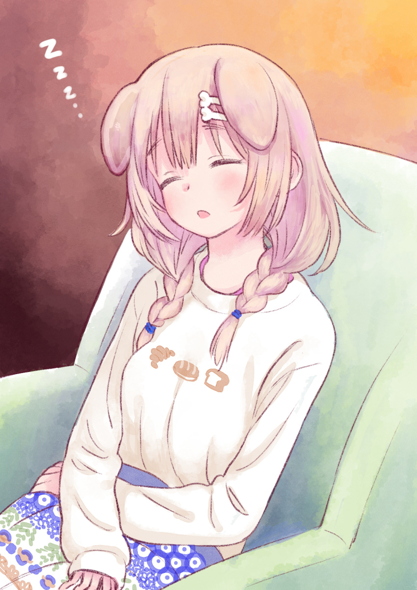 1girl animal_ears armchair bone_hair_ornament braid brown_background brown_hair chair dog_ears hair_ornament highres hololive inugami_korone long_hair long_sleeves on_chair parted_lips sabaku_chitai shirt sitting sleeping sleeping_upright solo twin_braids virtual_youtuber white_shirt zzz