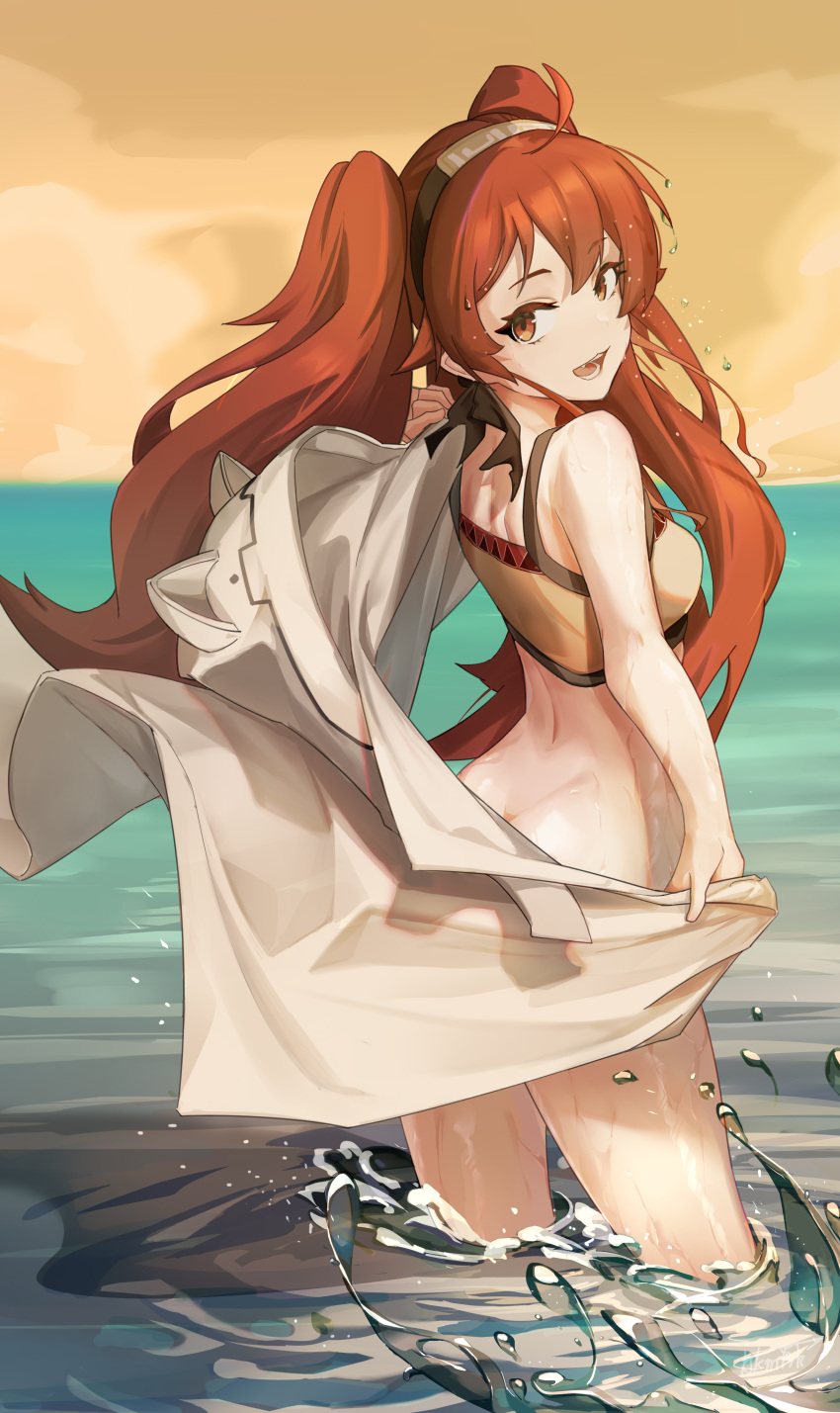 1girl absurdres akimurasaki ass back bare_shoulders breasts brown_camisole camisole cloak cloak_removed cowboy_shot eris_greyrat eyebrows_visible_through_hair hairband highres hood hooded_cloak long_hair looking_at_viewer looking_back mushoku_tensei ocean open_mouth orange_sky outdoors red_eyes red_hair sideboob sky small_breasts smile solo splashing standing teeth twintails very_long_hair water water_drop wet