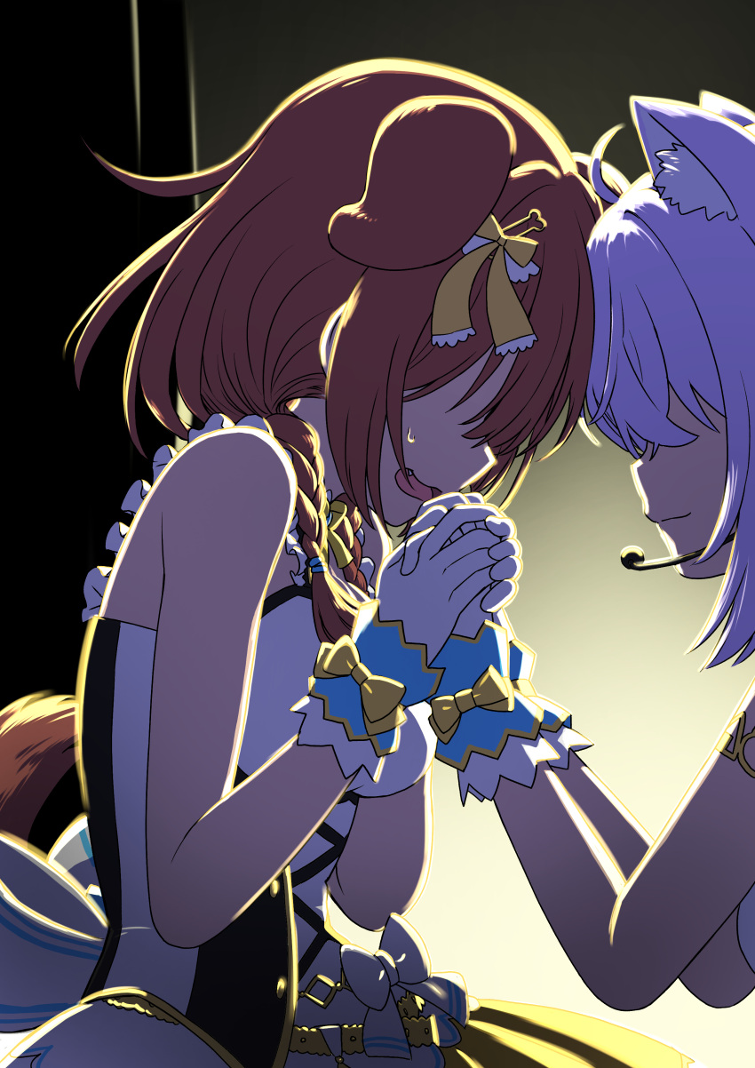 2girls :d absurdres animal_ear_fluff animal_ears bare_shoulders bow braid brown_hair cat_ears closed_mouth dog_ears fang from_side gloves hair_ribbon headset highres hololive hololive_idol_uniform inugami_korone microphone multiple_girls neck_ribbon nekomata_okayu open_mouth purple_hair ribbon sabaku_chitai smile twin_braids virtual_youtuber white_gloves yellow_bow yellow_ribbon