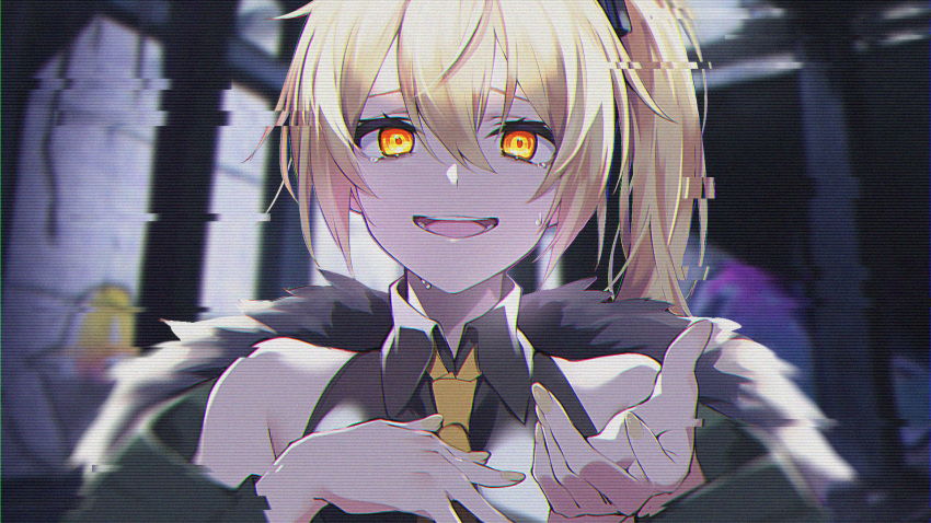 1girl akita_neru bare_shoulders blonde_hair blurry blurry_background coat commentary crying crying_with_eyes_open fur-trimmed_coat fur_trim furrowed_brow glitch glowing goma0616 grey_shirt hand_on_own_chest hand_up highres long_hair looking_at_viewer nail_polish necktie open_mouth scanlines shirt side_ponytail smile solo tears upper_body vocaloid yellow_nails yellow_necktie