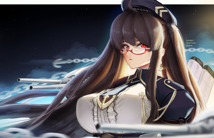1girl alternate_breast_size anchor_symbol artillery artist_name azur_lane beret breasts brown_hair chain character_name commentary english_commentary framed_breasts hat highres huge_breasts jacket lieeux london_(azur_lane) long_hair looking_at_viewer night night_sky purple_headwear purple_jacket red-framed_eyewear red_eyes retrofit_(azur_lane) semi-rimless_eyewear shirt sky solo turret upper_body very_long_hair white_shirt