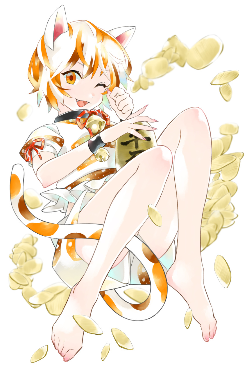 1girl absurdres animal_ears bangs barefoot bell calico cat_ears cat_girl cat_tail coin crop_top eri_(pero1108) fang fingernails full_body gold goutokuji_mike highres jingle_bell koban_(gold) maneki-neko midriff multicolored_clothes multicolored_hair multicolored_shirt multicolored_shorts multicolored_tail neck_bell one_eye_closed open_clothes orange_eyes patches patchwork_clothes red_ribbon ribbon sharp_fingernails short_hair shorts simple_background streaked_hair tail touhou white_background white_hair