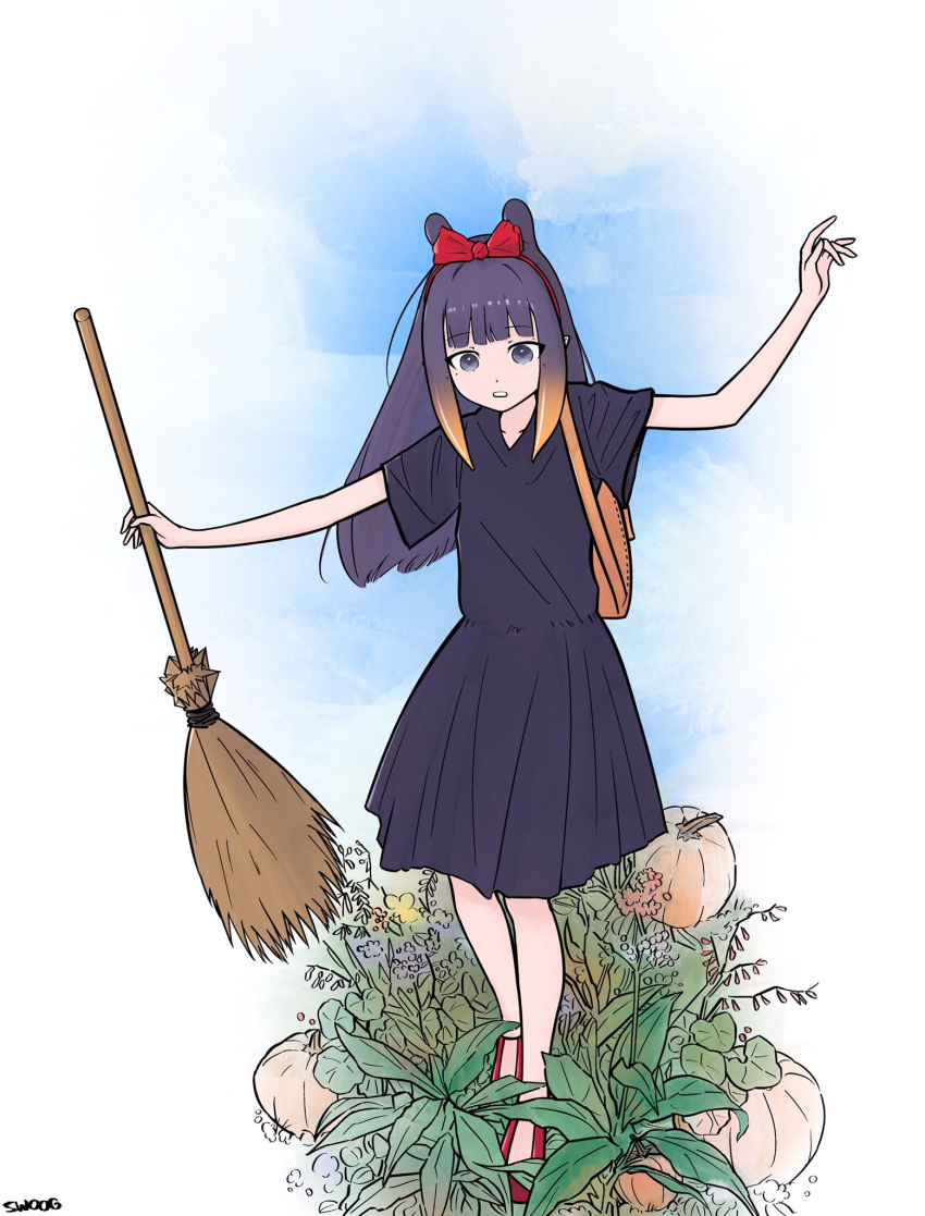1girl artist_name bag balancing black_dress blue_eyes blue_sky bow broom brown_bag cosplay dress eyebrows_visible_through_hair flower garden grass hair_bow highres holding holding_broom hololive hololive_english kiki kiki_(cosplay) long_hair looking_down majo_no_takkyuubin ninomae_ina'nis open_mouth orange_hair outstretched_arms plant pumpkin purple_hair red_bow red_footwear short_sleeves shoulder_bag sky solo swoog tentacle_hair virtual_youtuber weeds wide_sleeves