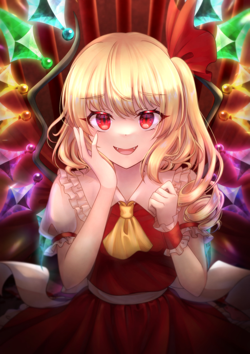1girl absurdres arms_up bangs bow breasts collared_shirt commentary_request crystal dot_nose eyebrows_visible_through_hair fangs flandre_scarlet frilled_shirt_collar frilled_skirt frills hand_on_own_face headwear_removed highres looking_at_viewer open_mouth puffy_short_sleeves puffy_sleeves red_curtains red_eyes red_ribbon red_skirt red_vest ribbon rina_sukareltuto shirt short_sleeves side_ponytail skirt slit_pupils small_breasts smile solo standing touhou vest wing_collar wings wrist_cuffs yellow_neckwear yellow_ribbon