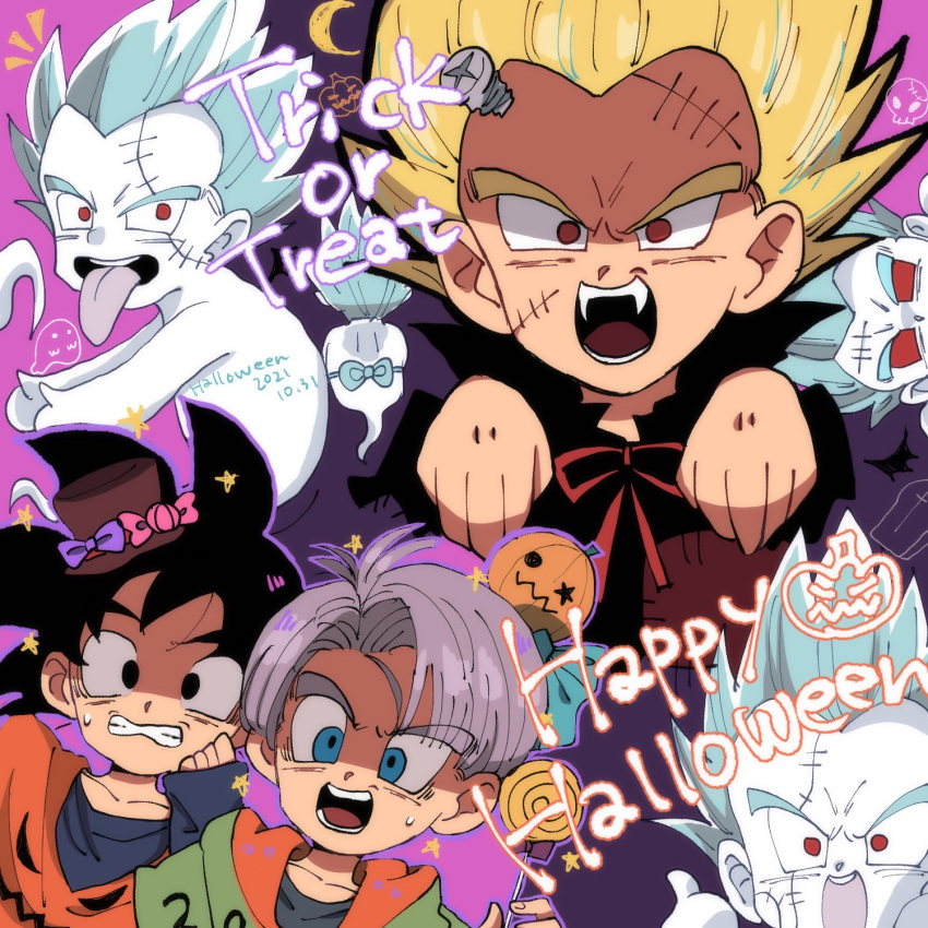 2boys black_hair blonde_hair blue_eyes child clenched_teeth commentary dated dougi dragon_ball dragon_ball_super dragon_ball_z english_commentary english_text eyebrows_visible_through_hair fangs ghost gotenks halloween happy_halloween highres jack-o'-lantern looking_at_viewer male_focus multiple_boys open_mouth red_eyes scared shi_be_no son_goten spiked_hair super_saiyan super_saiyan_1 sweat teeth tongue tongue_out trick_or_treat trunks_(dragon_ball) vampire white_hair wide-eyed