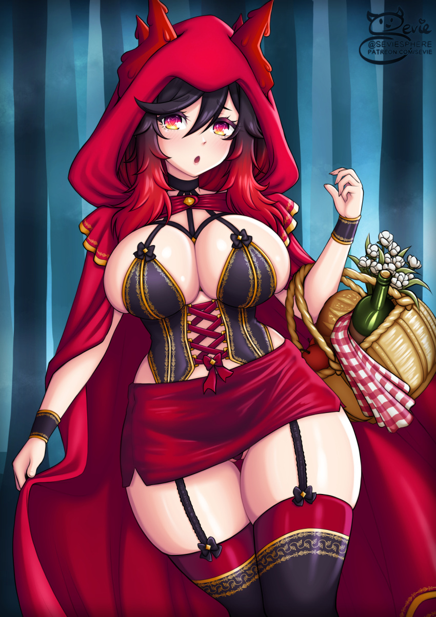 1girl bangs basket black_hair bottle bread breasts cape commentary cosplay cowboy_shot cross-laced_clothes cross-laced_top english_commentary eyebrows_visible_through_hair flower food garter_straps gradient_hair grimm's_fairy_tales hair_between_eyes highres holding holding_basket large_breasts little_red_riding_hood_(grimm) little_red_riding_hood_(grimm)_(cosplay) looking_at_viewer microskirt multicolored_eyes multicolored_hair orange_eyes original panties pantyshot patreon_username red_cape red_hair red_hood red_skirt sevie skirt solo suco_(sevie) thighhighs thighs twitter_username underwear yellow_eyes