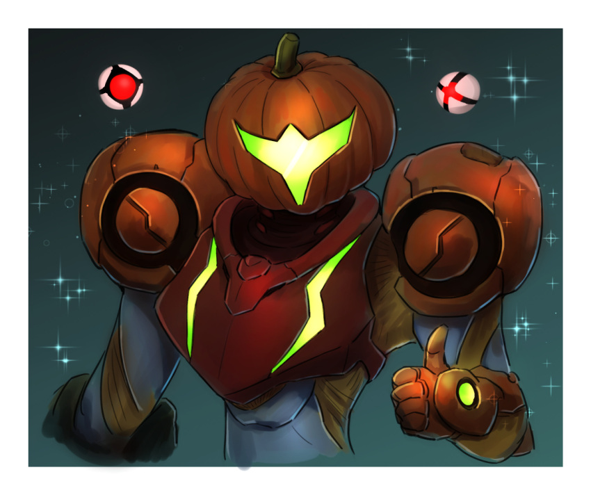 1girl arm_cannon armor e.m.m.i._(metroid) glowing halloween helmet looking_at_viewer metroid metroid_dread night power_armor power_suit pumpkin samus_aran science_fiction simple_background solo thumbs_up upper_body wakaba_(wata_ridley) weapon