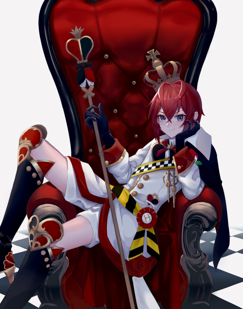 1boy absurdres axescr blue_eyes boots cape closed_mouth crown gloves highres holding holding_staff jewelry looking_at_viewer male_focus red_hair riddle_rosehearts royal scepter solo staff throne twisted_wonderland