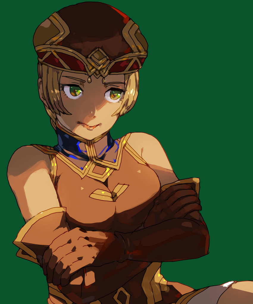 1girl bare_shoulders blonde_hair brown_headwear frei gold_trim green_background green_eyes hat highres portrait sidelocks tanokura_mon valkyrie_profile