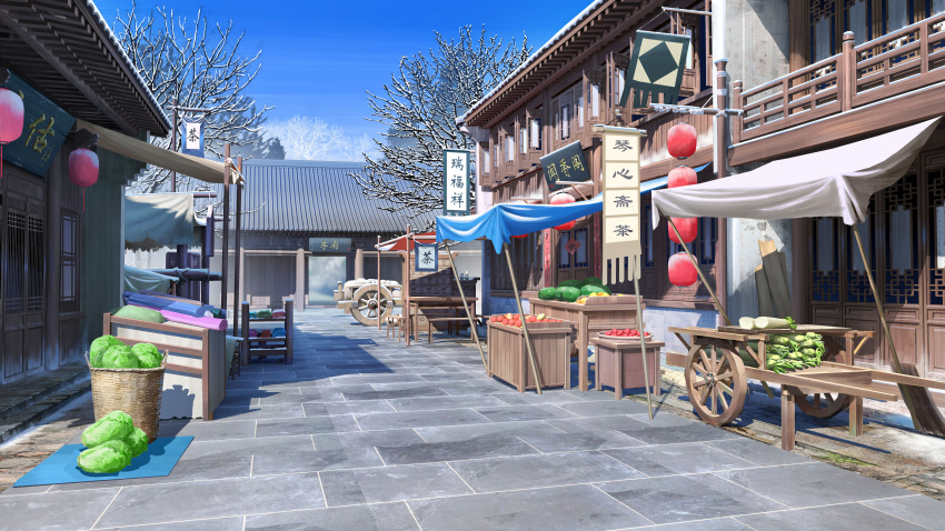 absurdres apple bag bare_tree basket blue_sky cabbage carpet chair chinese_commentary chinese_text commentary_request entrance food fruit highres house lantern lemon market no_humans original path radish rice rooftop scenery sign sky table tomato tree wagon watermelon winter xingzhi_lv