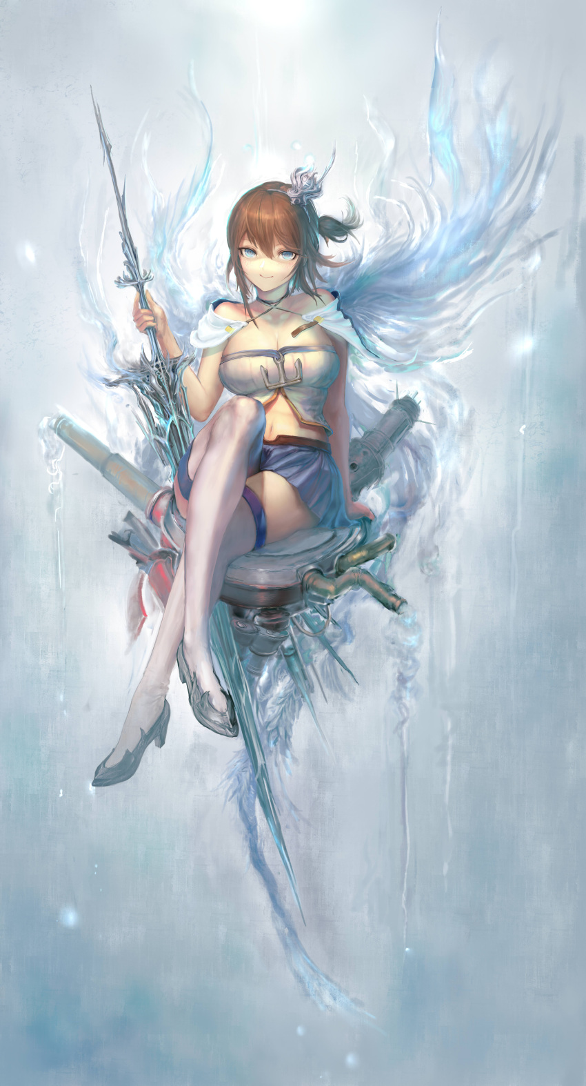 1girl absurdres anchor_symbol azur_lane bare_shoulders blue_eyes blue_skirt breasts brown_hair cape cleavage crossed_legs full_body grey_footwear hair_between_eyes highres holding holding_sword holding_weapon jinchigou large_breasts looking_at_viewer miniskirt repulse_(azur_lane) shirt shoes short_hair sitting skirt sword thighhighs torn_clothes turret weapon white_cape white_legwear white_shirt zettai_ryouiki