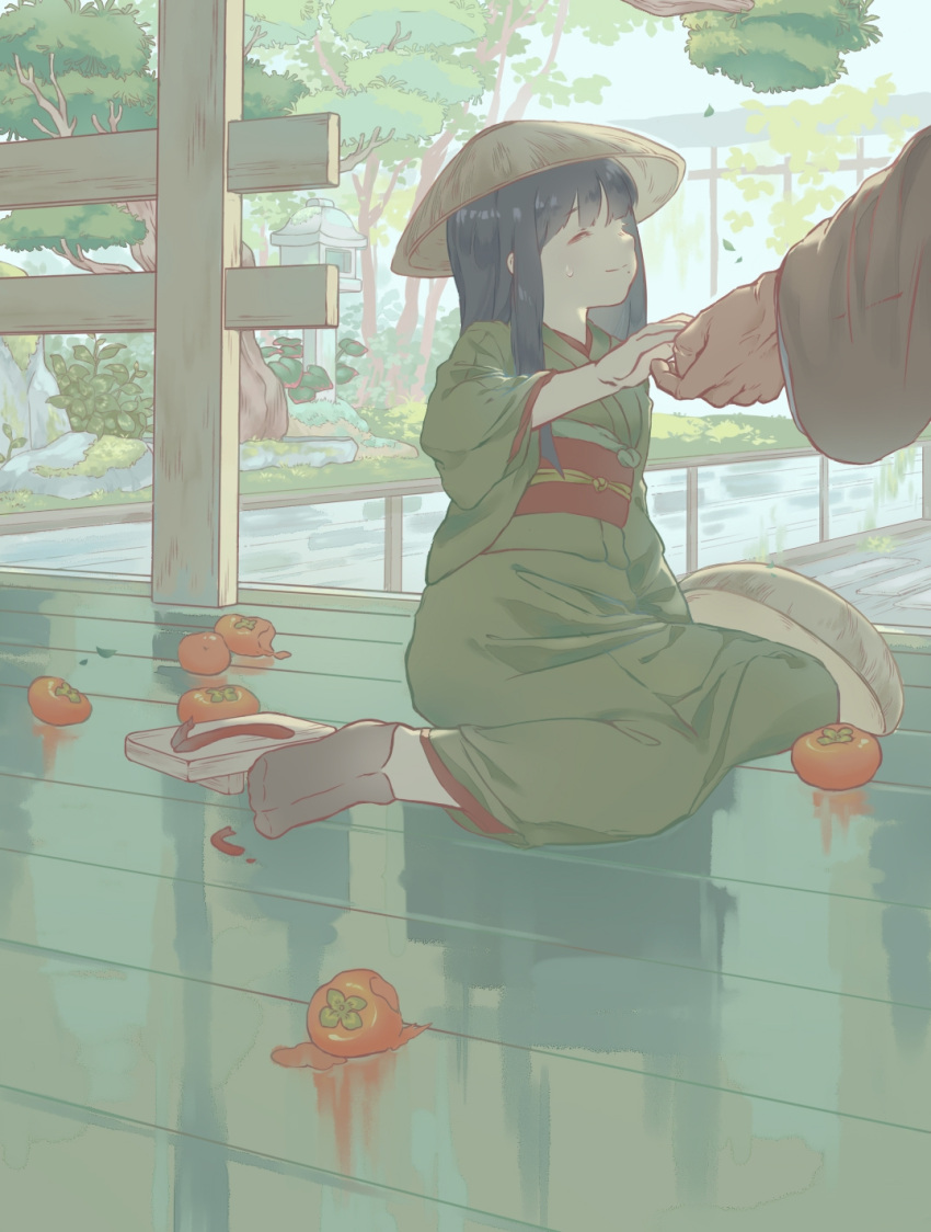 1boy 1girl alternate_universe basket black_hair broken bush final_fantasy final_fantasy_xiv food fruit geta gosetsu_daito hat highres japanese_clothes kimono long_hair mole mole_under_mouth obi on_floor persimmon qdk_(cookieqvqi) railing rice_hat river rock sash sidelocks sitting smile solo_focus splatter stone_lantern stream sweatdrop tabi taking_another's_hand tree wooden_floor yotsuyu_(ff14) younger