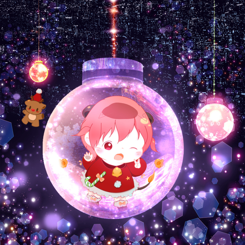 1girl absurdres blush boots building chibi christmas christmas_ornaments city cityscape collaboration commentary_request hat highres light little_pine one_eye_closed open_mouth original red_eyes red_footwear red_hair reindeer santa_costume santa_hat scenery short_hair solo v