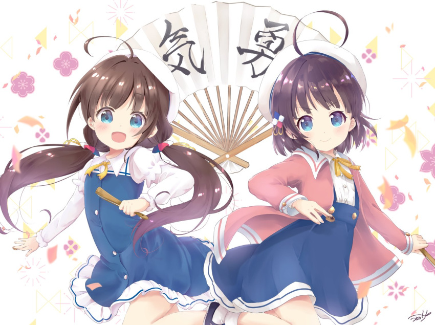 2girls ahoge blue_dress blue_eyes brown_hair dress eyebrows_visible_through_hair hinatsuru_ai long_hair looking_at_viewer low_twintails mearian multiple_girls open_mouth ryuuou_no_oshigoto! school_uniform smile twintails very_long_hair white_headwear