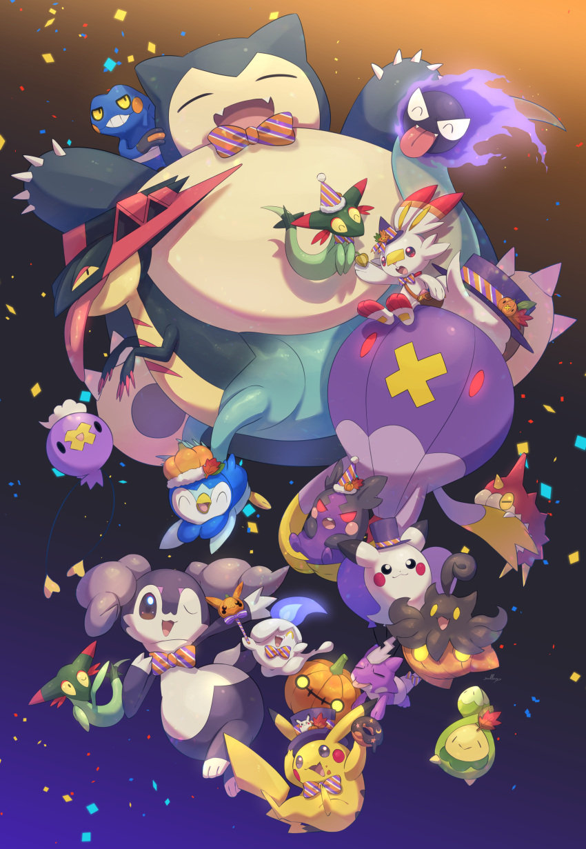 absurdres brown_eyes budew claws closed_eyes commentary croagunk doughnut dragapult dreepy drifblim drifloon fangs fire flame food food_on_face gastly hat hatted_pokemon highres holding indeedee jack-o'-lantern litwick morpeko morpeko_(hangry) no_humans nullma one_eye_closed open_mouth pikachu piplup pokemon pokemon_(creature) pumpkaboo scorbunny smile snorlax tongue top_hat toxel wurmple yellow_eyes