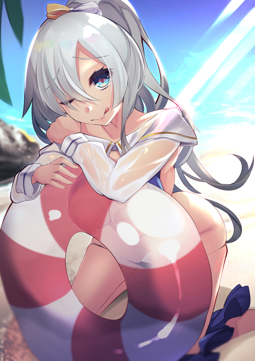 1girl anastasia_(fate) anastasia_(swimsuit_archer)_(fate) bangs bare_shoulders bikini blue_bikini blue_eyes blue_skirt blush bow breasts cleavage clothes_pull collarbone fate/grand_order fate_(series) hair_bow hair_over_one_eye highres innertube large_breasts long_hair long_sleeves looking_at_viewer miniskirt navel ponytail puffy_long_sleeves puffy_sleeves silver_hair skirt skirt_pull smile solo swimsuit tamano_nae thighs very_long_hair