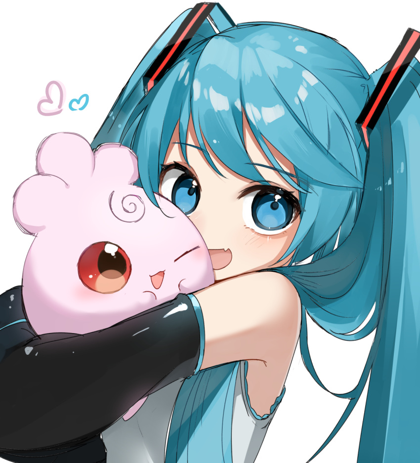 1girl ;d bangs bare_shoulders black_sleeves blue_eyes blue_hair commentary_request crossover detached_sleeves eyebrows_visible_through_hair hatsune_miku heart highres hug igglybuff long_hair long_sleeves looking_at_viewer one_eye_closed pokemon pokemon_(creature) red_eyes reirou_(chokoonnpu) shirt simple_background sleeveless sleeveless_shirt smile twintails upper_body vocaloid white_background white_shirt