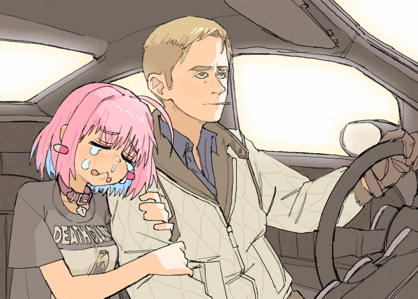 1boy 1girl ahoge animal_collar car car_interior cigarette collar collared_shirt crying death_grips drive_(movie) driving gloves ground_vehicle hair_intakes highres idolmaster idolmaster_cinderella_girls jacket motor_vehicle movie_reference multicolored_hair pantsu-ripper pink_hair ryan_gosling shirt smoking steering_wheel tears two-tone_hair yumemi_riamu