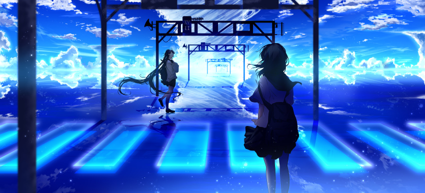 17sai 2girls absurdres bag black_hair blue_eyes blue_sky cloud cloudy_sky commentary_request highres landscape long_hair long_sleeves multiple_girls ocean original pleated_skirt railroad_tracks reflection reflective_water road_sign scenery school_uniform serafuku shirt shoes sign skirt sky storm twintails uniform white_shirt