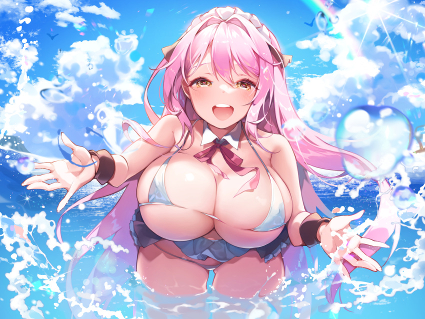 1girl asmr ass_visible_through_thighs bangs bikini blue_skirt blue_sky breasts brown_eyes cleavage cloud commentary_request covered_nipples day detached_collar eyebrows_visible_through_hair hair_between_eyes hair_intakes hair_ribbon heart heart-shaped_pupils highres huge_breasts kanola_u leaning_forward long_hair looking_at_viewer necktie ocean open_mouth original outdoors outstretched_arms pink_hair red_necktie ribbon skirt sky smile solo standing summer swimsuit symbol-shaped_pupils teeth underboob upper_teeth wading water_drop white_bikini wrist_cuffs