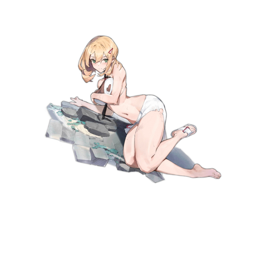 1girl bangs bare_legs bare_shoulders barefoot blonde_hair blush breasts camera_phone closed_mouth eyebrows_visible_through_hair floor girls'_frontline green_eyes hand_on_breast hand_on_floor highres legs looking_at_viewer medium_breasts medium_hair mole mole_under_eye navel official_art on_floor px4_storm_(girls'_frontline) rainli sandals single_sandal solo stomach summer sweat swimsuit toes torn_clothes torn_swimsuit transparent_background viewfinder white_swimsuit