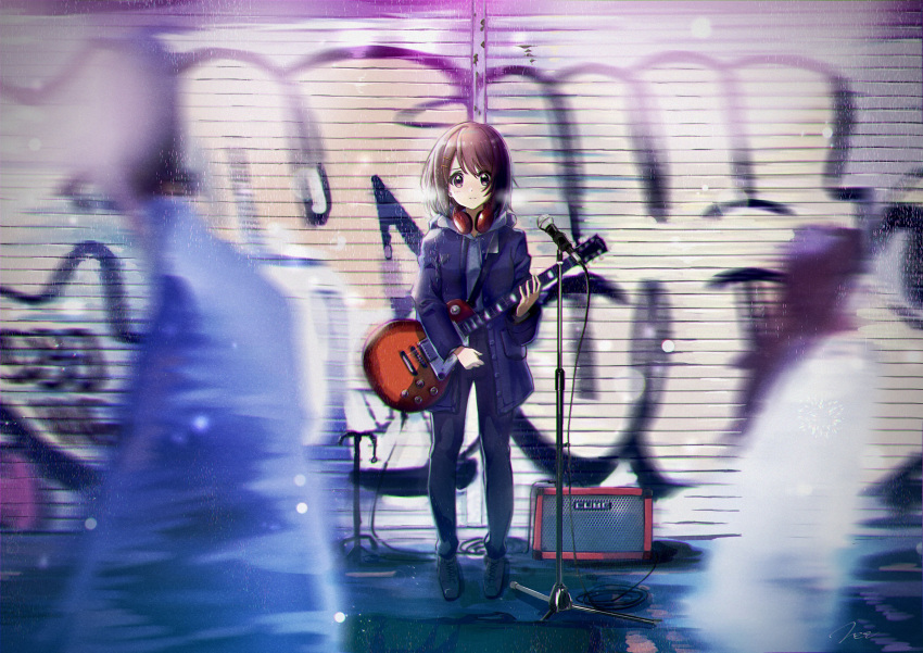 1girl absurdres amplifier bangs black_footwear blurry blurry_foreground brown_eyes brown_hair chromatic_aberration closed_mouth clothing_request commentary_request electric_guitar eyebrows_visible_through_hair full_body graffiti guitar hair_ornament hairclip headphones headphones_around_neck highres hirasawa_yui holding holding_instrument instrument jacket k-on! light_blush light_smile looking_at_viewer medium_hair microphone microphone_stand motion_blur outdoors short_hair solo_focus standing verse