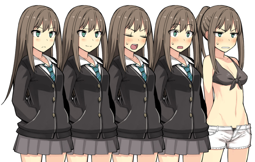 1girl bare_shoulders bikini black_bikini black_swimsuit blush breasts brown_hair cardigan cleavage closed_eyes commentary_request dress_shirt eyebrows_visible_through_hair green_eyes hands_in_pockets idolmaster idolmaster_cinderella_girls long_hair open_mouth pants ponytail school_uniform shibuya_rin shirt simple_background skirt standing swimsuit tachi-e white_background white_shirt yu_65026