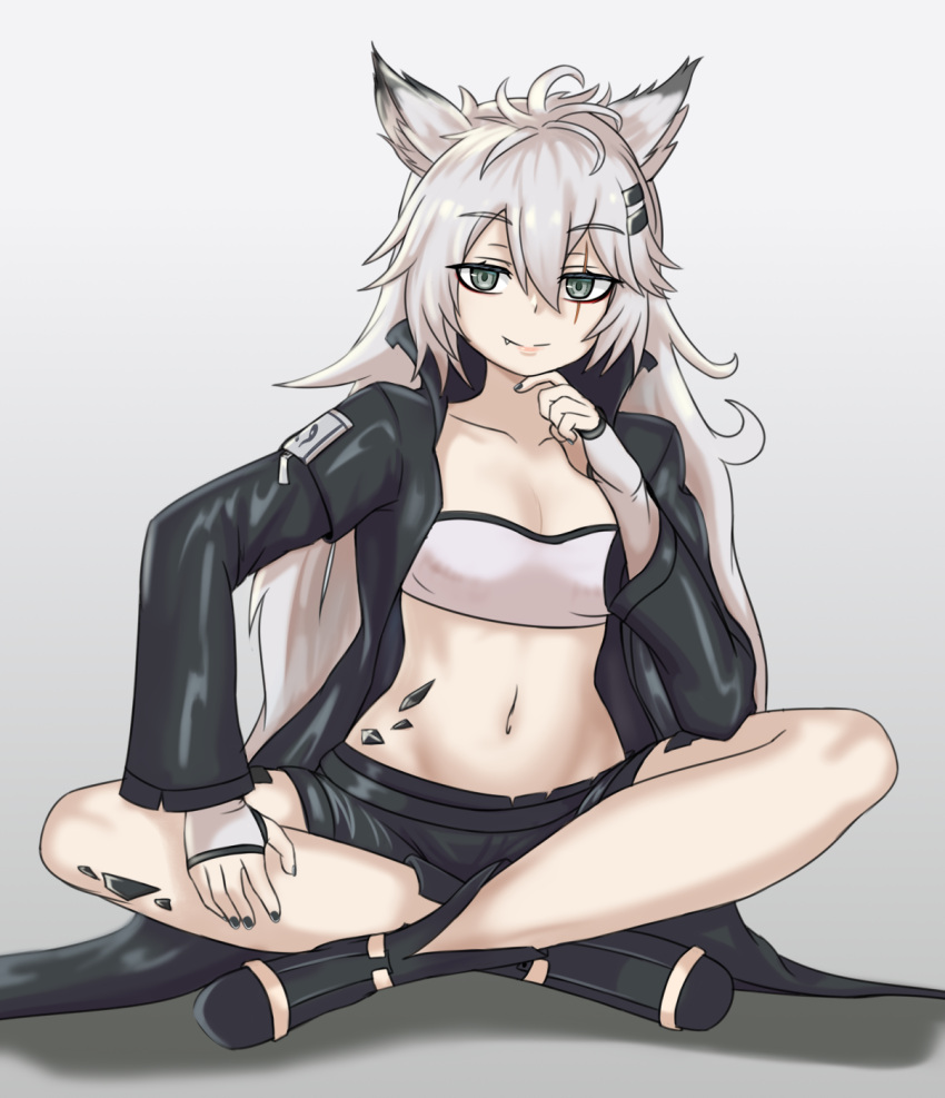 1girl ahoge animal_ear_fluff animal_ears arknights bandeau bangs black_coat black_footwear black_nails black_shorts boots coat collarbone eyebrows_visible_through_hair eyes_visible_through_hair fang fang_out full_body gradient gradient_background green_eyes grey_background grey_hair hair_between_eyes hair_ornament hairclip hand_on_own_chin hand_on_own_leg highres indian_style lappland_(arknights) long_hair long_sleeves looking_at_viewer messy_hair midriff nav navel open_clothes open_coat oripathy_lesion_(arknights) scar scar_across_eye scar_on_face short_shorts shorts simple_background sitting smile solo strapless tube_top very_long_hair wolf_ears