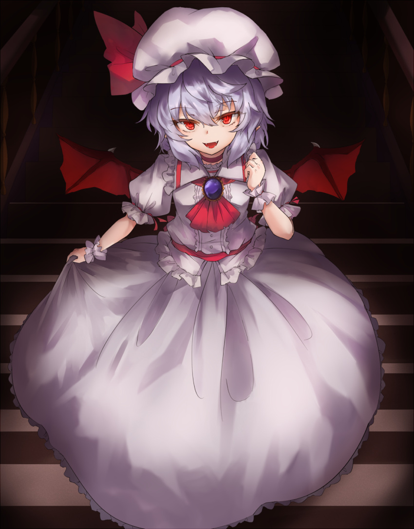 1girl :d amethyst_(gemstone) arm_up bangs bat_wings belt blush breasts buttons center_frills choker dark dress eyebrows_visible_through_hair fangs fen_zuo frilled_dress frills full_body hat hat_ribbon highres light_purple_hair looking_at_viewer lower_teeth medium_breasts mob_cap open_mouth pubic_hair red_belt red_choker red_eyes red_neckwear remilia_scarlet ribbon ribbon_choker short_hair short_sleeves sidelocks smile solo stairs standing symbol-only_commentary teeth tongue touhou upper_teeth wings wrist_cuffs