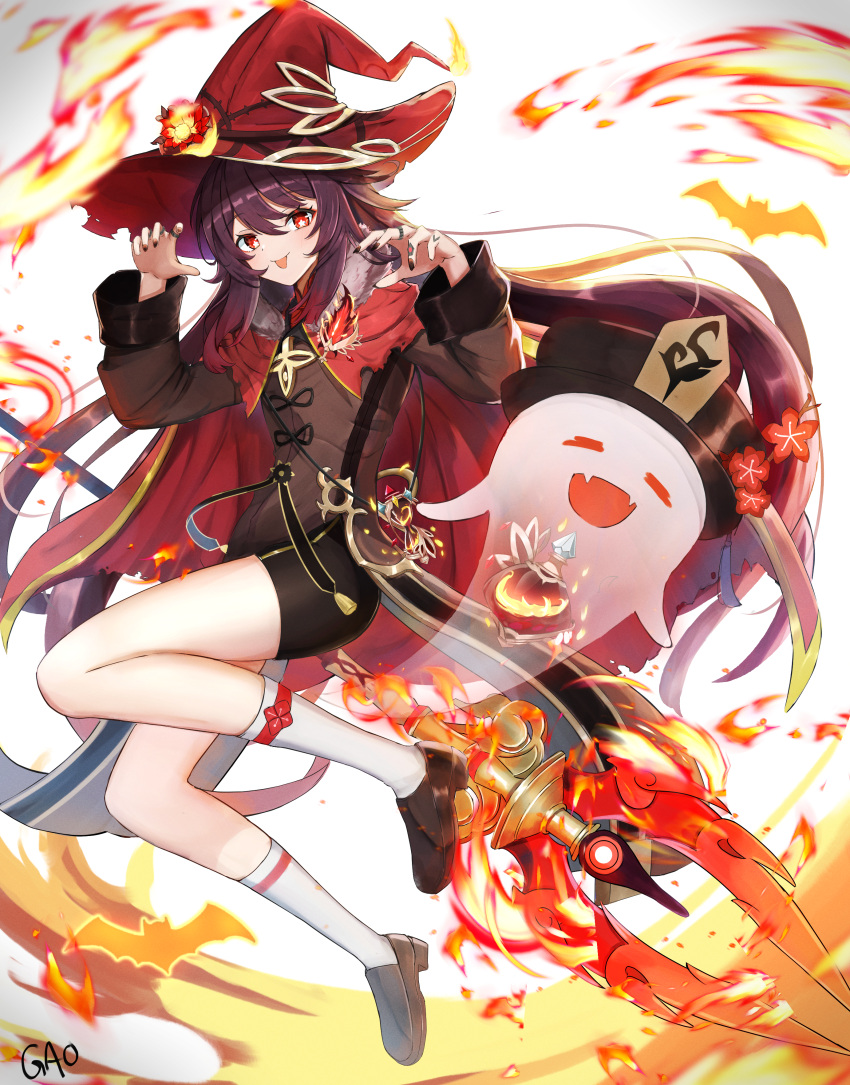 1girl :p absurdres black_nails black_shorts brown_hair cape claw_pose fire full_body gao_kawa genshin_impact ghost halloween hat highres hu_tao_(genshin_impact) jewelry long_hair long_sleeves looking_at_viewer nail_polish polearm red_cape red_eyes red_headwear ring shorts socks solo symbol-shaped_pupils tongue tongue_out weapon witch_hat